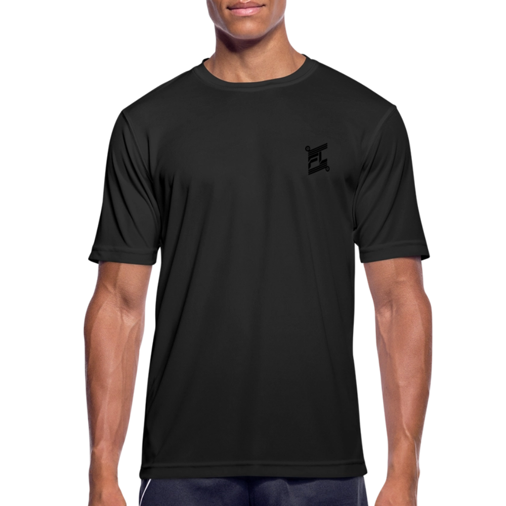 T-shirt respirant homme noir porté mannequin, col rond, manches courtes, coupe régulière, fond blanc