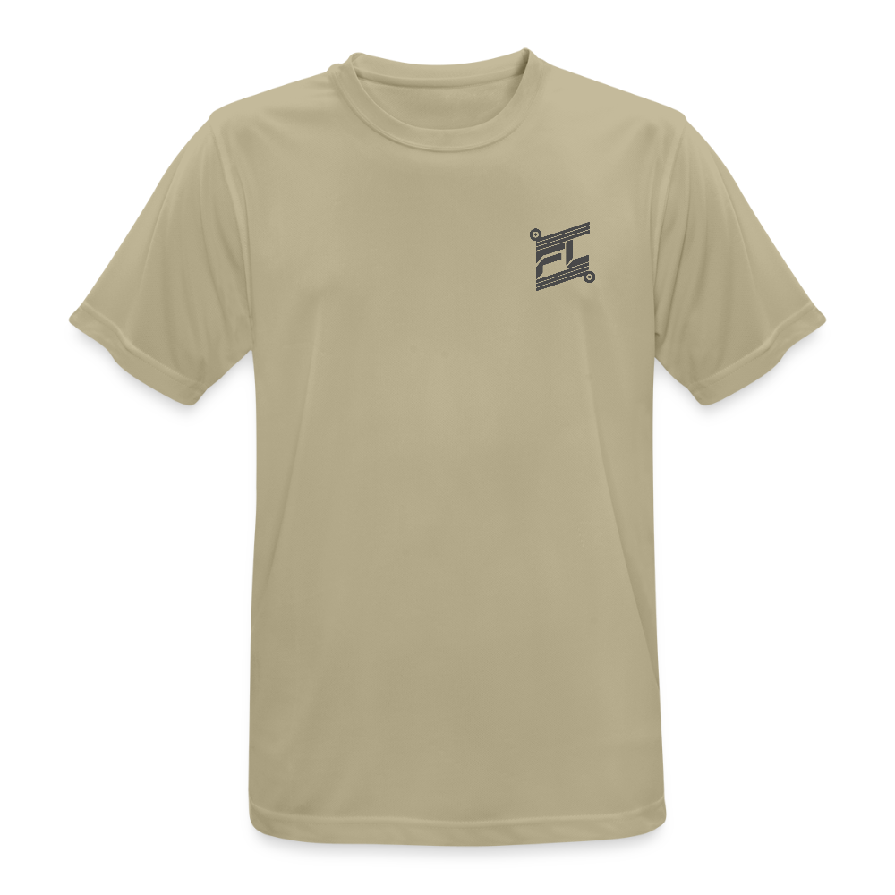 T-shirt respirant homme orange néon porté mannequin vue de face, col rond, coupe classique, graphique "DREAM GRIND REPEAT FL-FIT" imprimé sur la poitrine, fond blanc