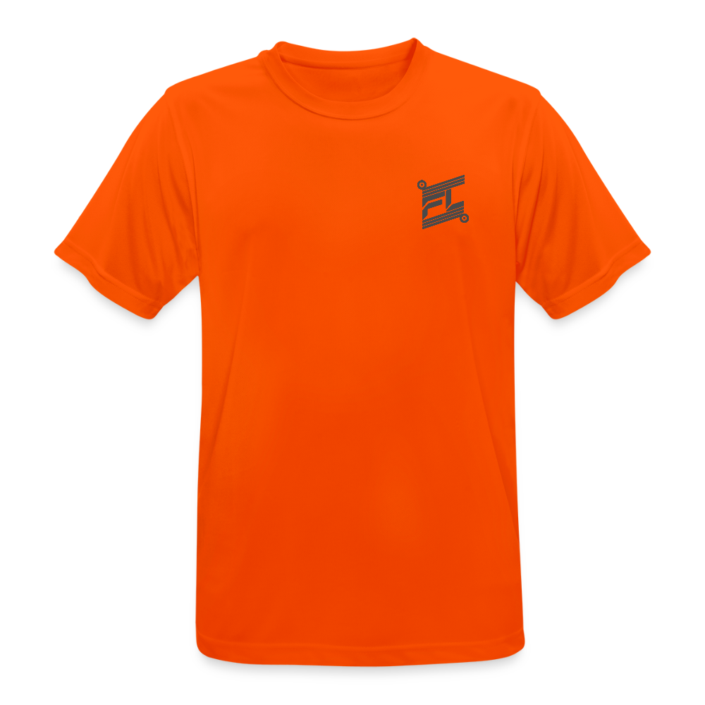 T-shirt respirant homme orange néon porté mannequin vue de face, col rond, coupe classique, graphique "DREAM GRIND REPEAT FL-FIT" imprimé sur la poitrine, fond blanc
