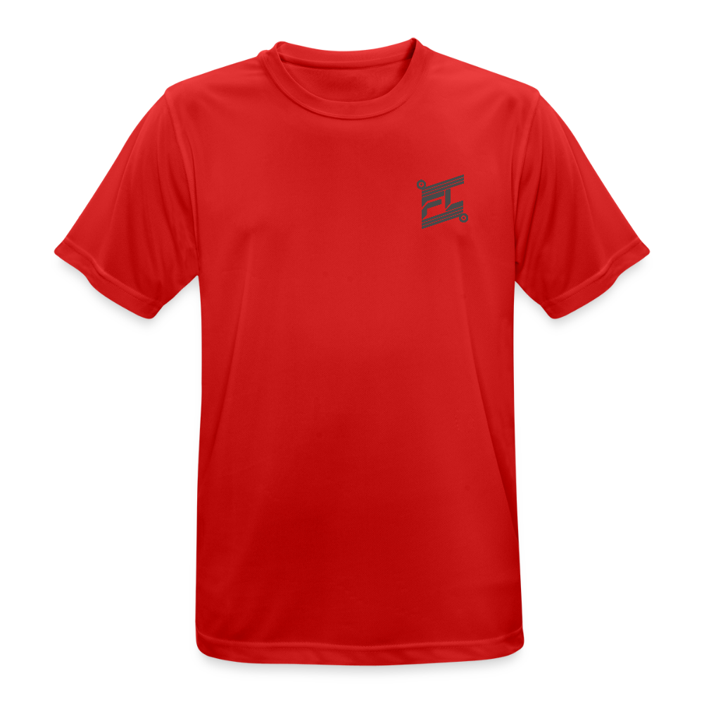 T-shirt respirant homme rouge porté mannequin vue de face, col rond, coupe classique, design minimaliste sans logo visible, fond blanc