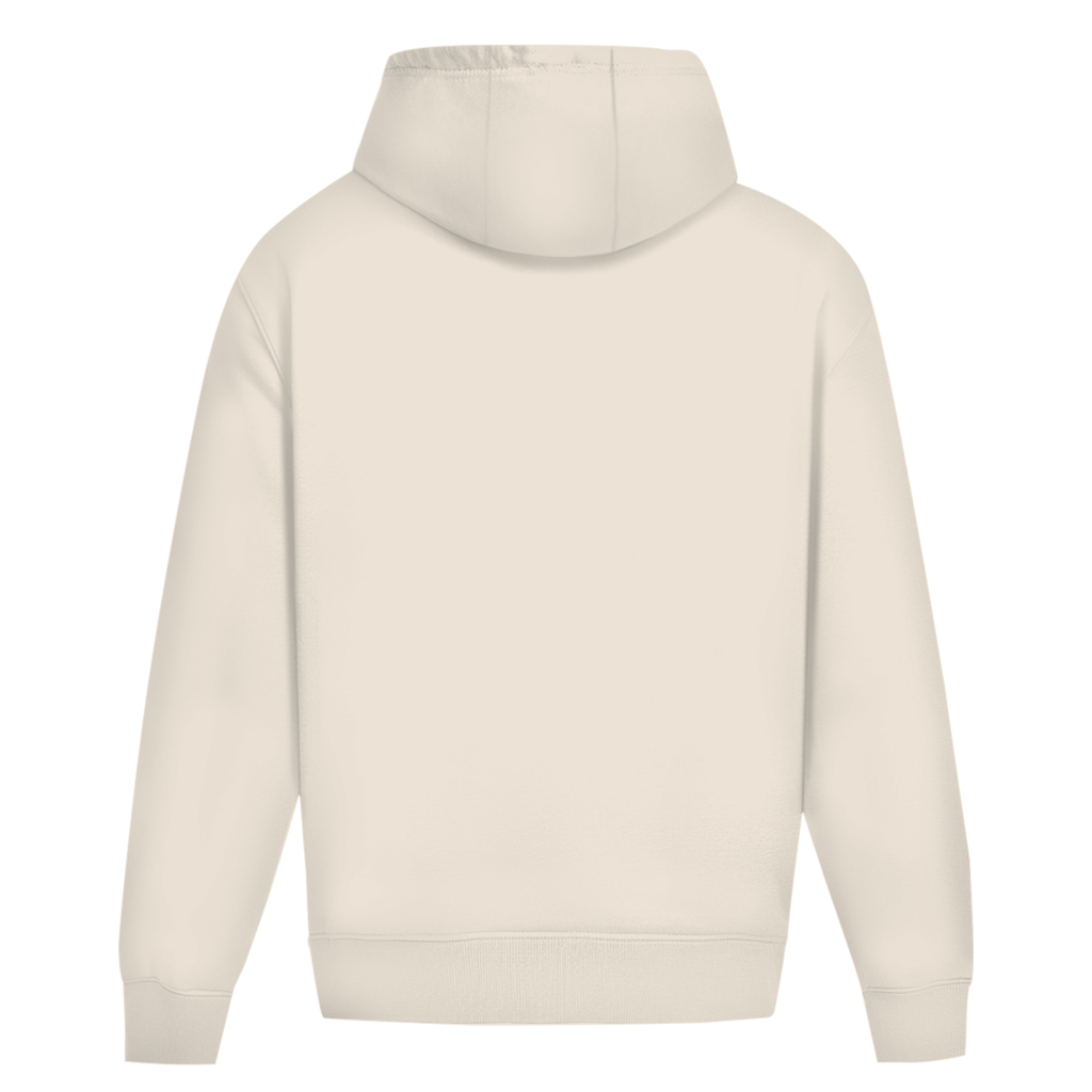 Sweat à capuche gris oversize vu de face, design épuré et ample avec un petit logo noir contrastant sur la poitrine.