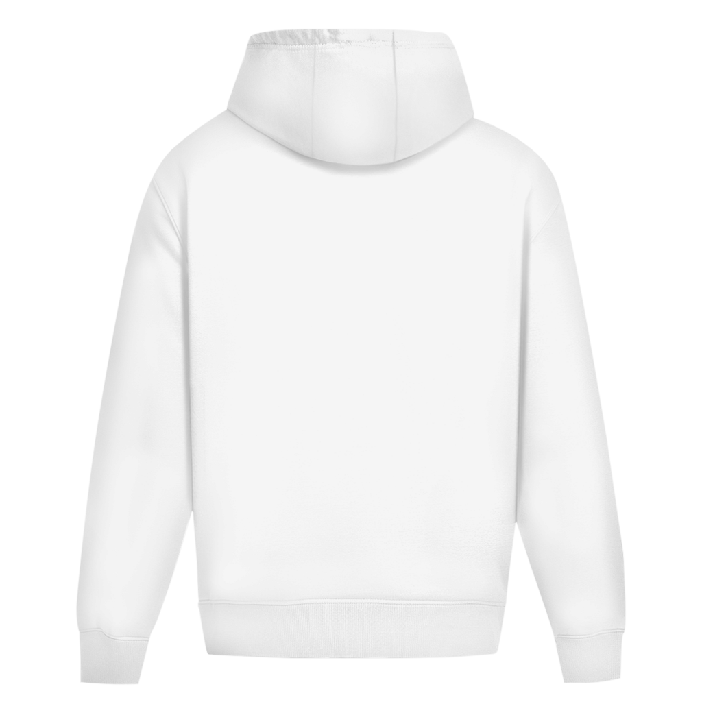 Vue de dos d'un sweat à capuche blanc vierge, coupe classique avec bords-côtes aux manches et à la taille
