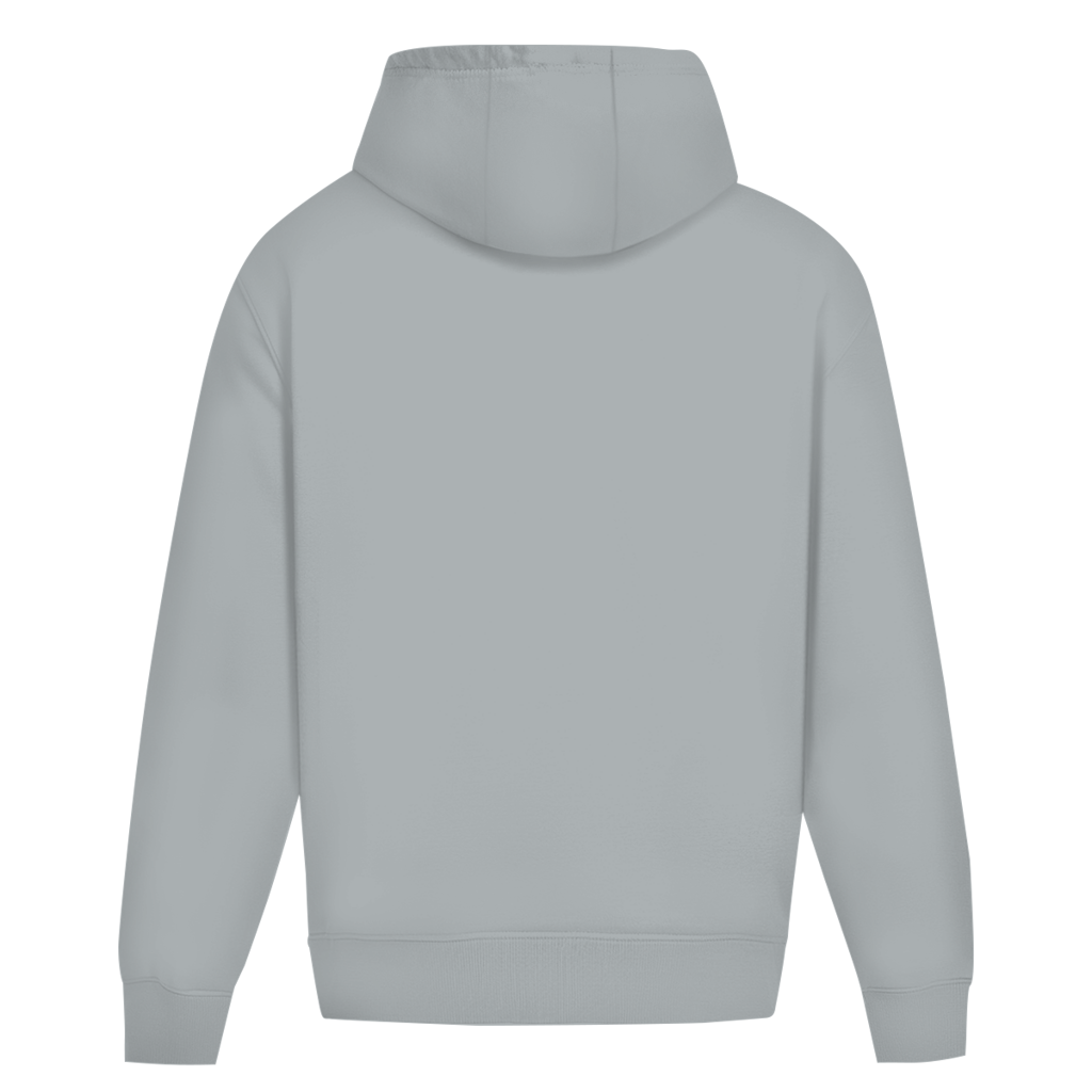 Vue de dos d'un sweat à capuche gris, coupe oversize avec bords-côtes aux manches et à la taille.