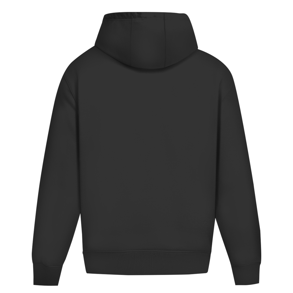 Vue de dos d'un sweat à capuche noir vierge à coupe oversize, avec bords-côtes aux manches et à la taille.