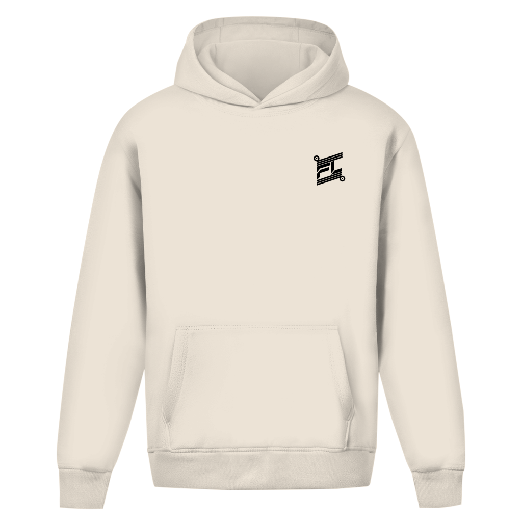 Sweat à capuche beige oversize vu de face, design épuré et ample avec un petit logo noir contrastant sur la poitrine.