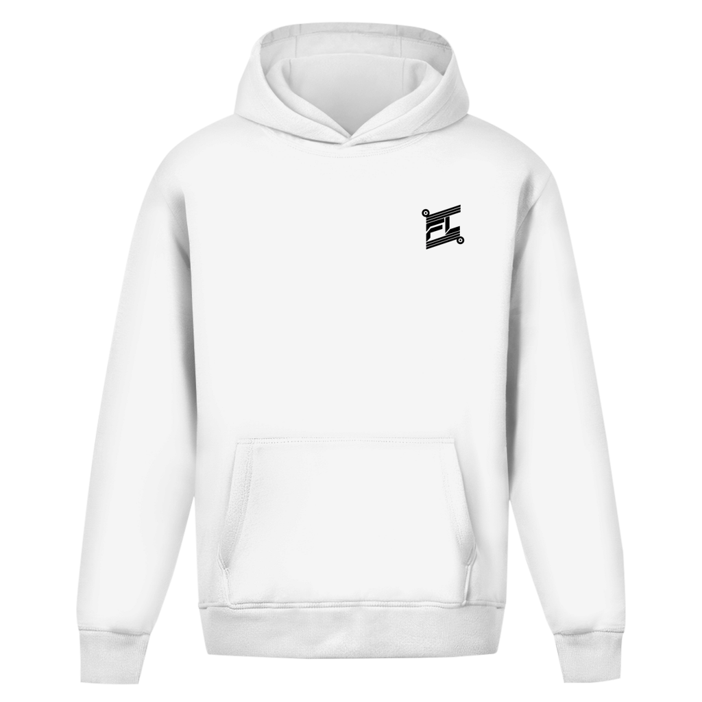 Vue de face d'un sweat à capuche blanc avec une poche kangourou. Le logo géométrique FL est imprimé en petit et en noir côté cœur.
