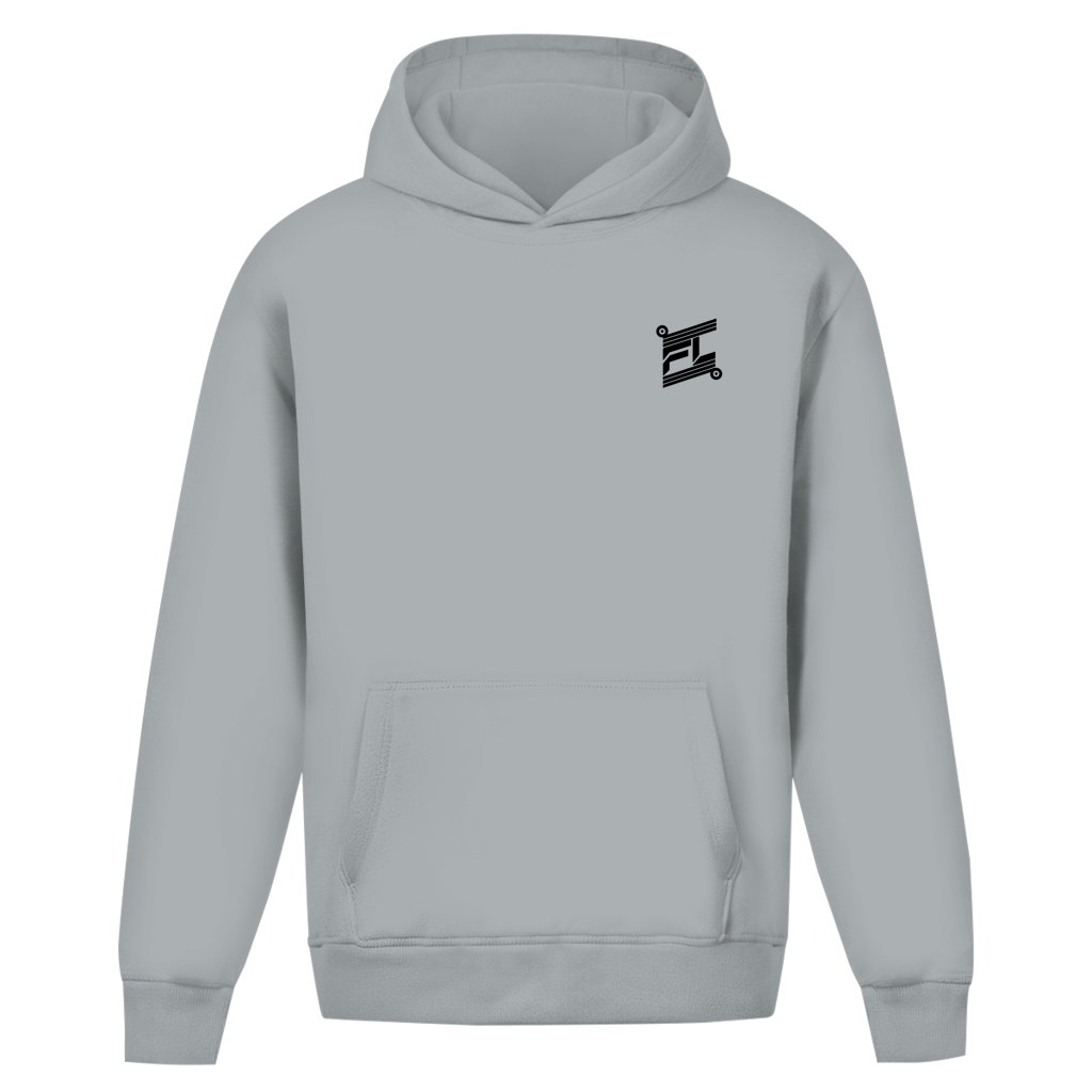 Sweat à capuche gris oversize vu de face, design épuré et ample avec un petit logo noir contrastant sur la poitrine.
