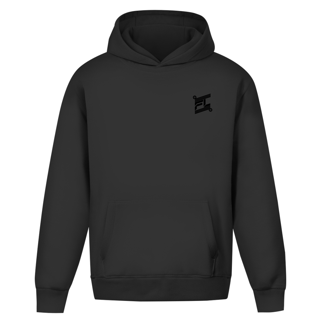 Sweat à capuche noir oversize vu de face, design épuré et ample avec un petit logo noir contrastant sur la poitrine.