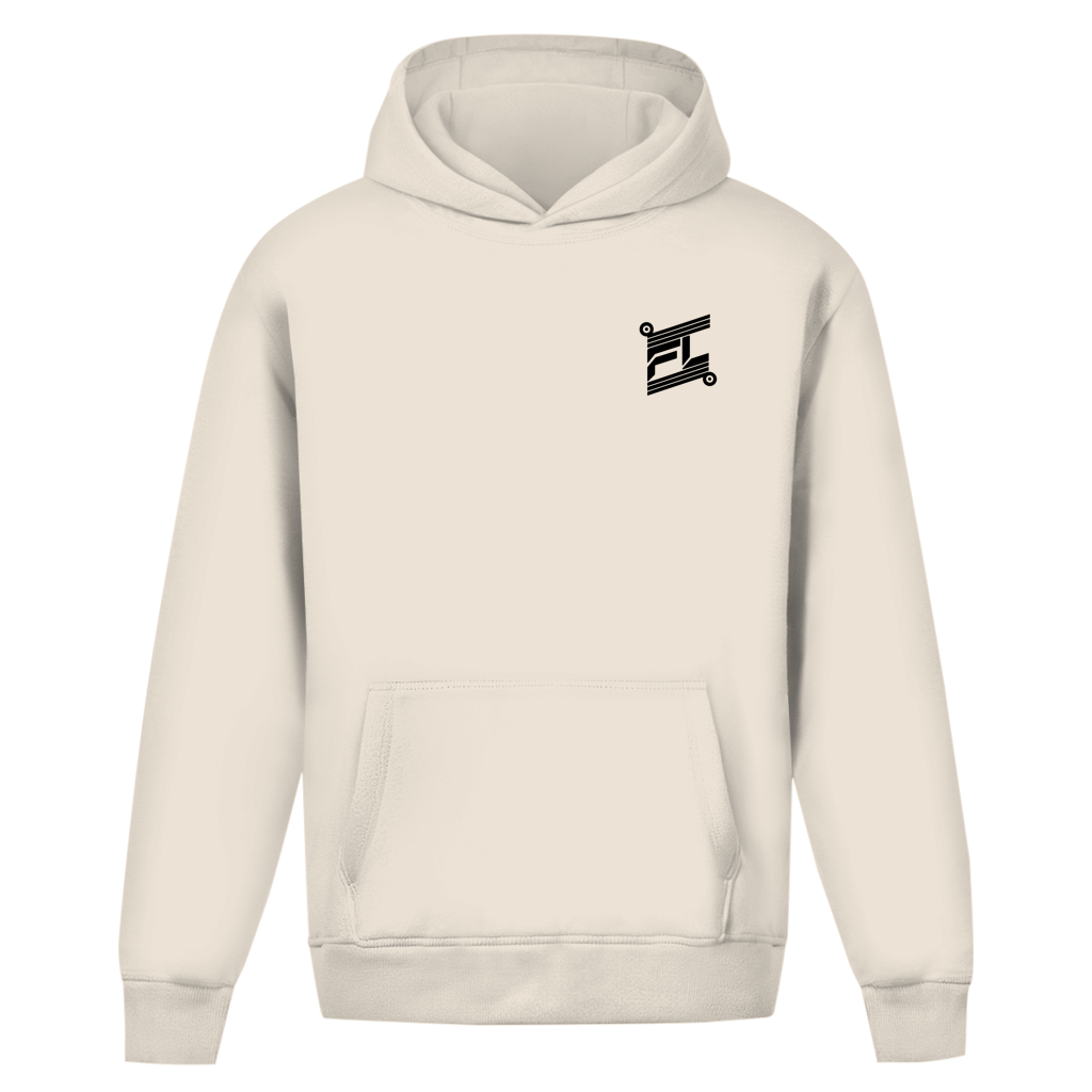Face avant d'un Hoodie oversize fluffy blanc avec logo FL floqué de couleur noir