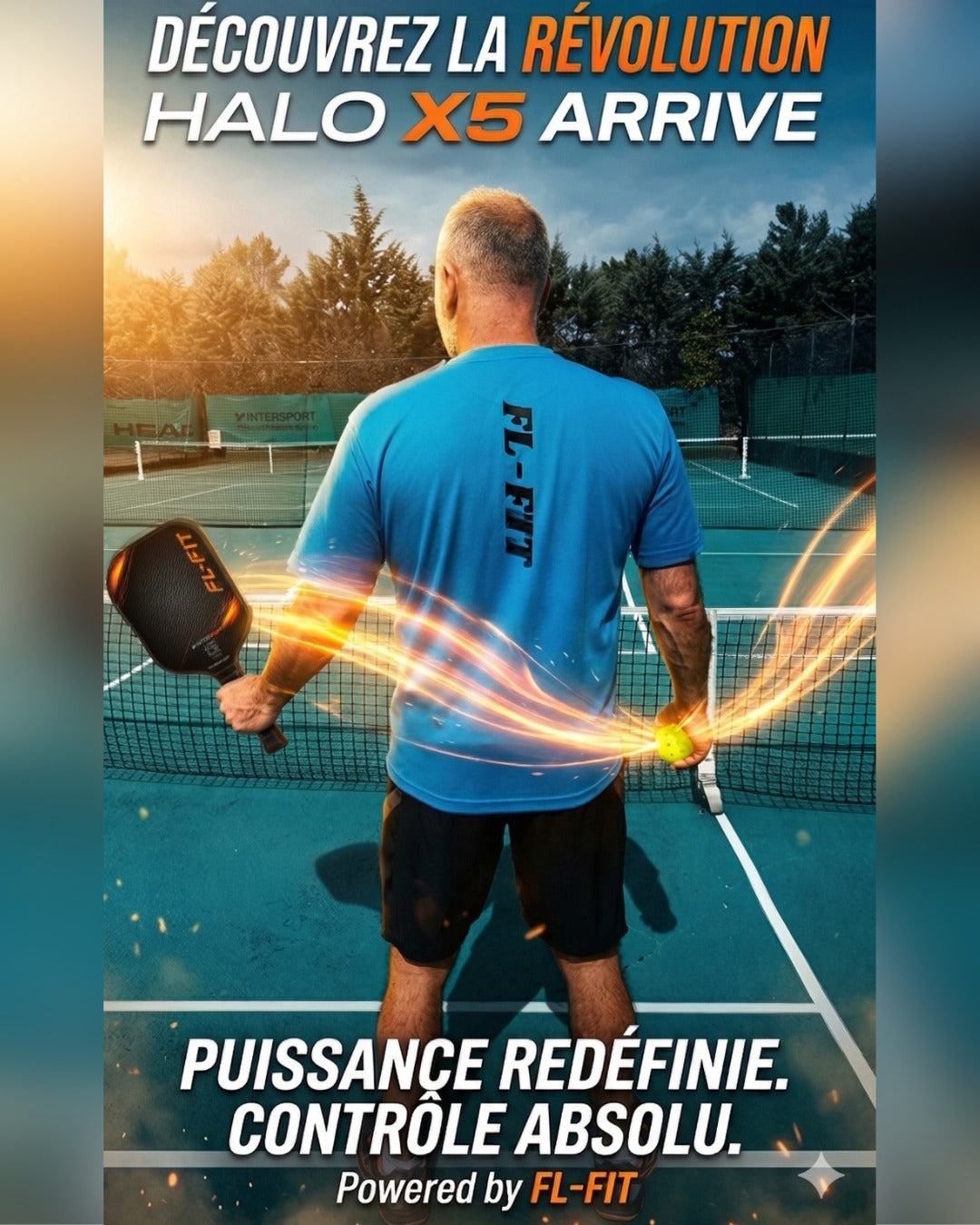Joueur de pickleball vu de dos sur un court extérieur, tenant une raquette noire FL-FIT et une balle jaune, avec des effets lumineux autour de la raquette. Texte en haut : « Découvrez la révolution HALO X5 arrive ». En bas : « Puissance redéfinie. Contrôle absolu. Powered by FL-FIT ».