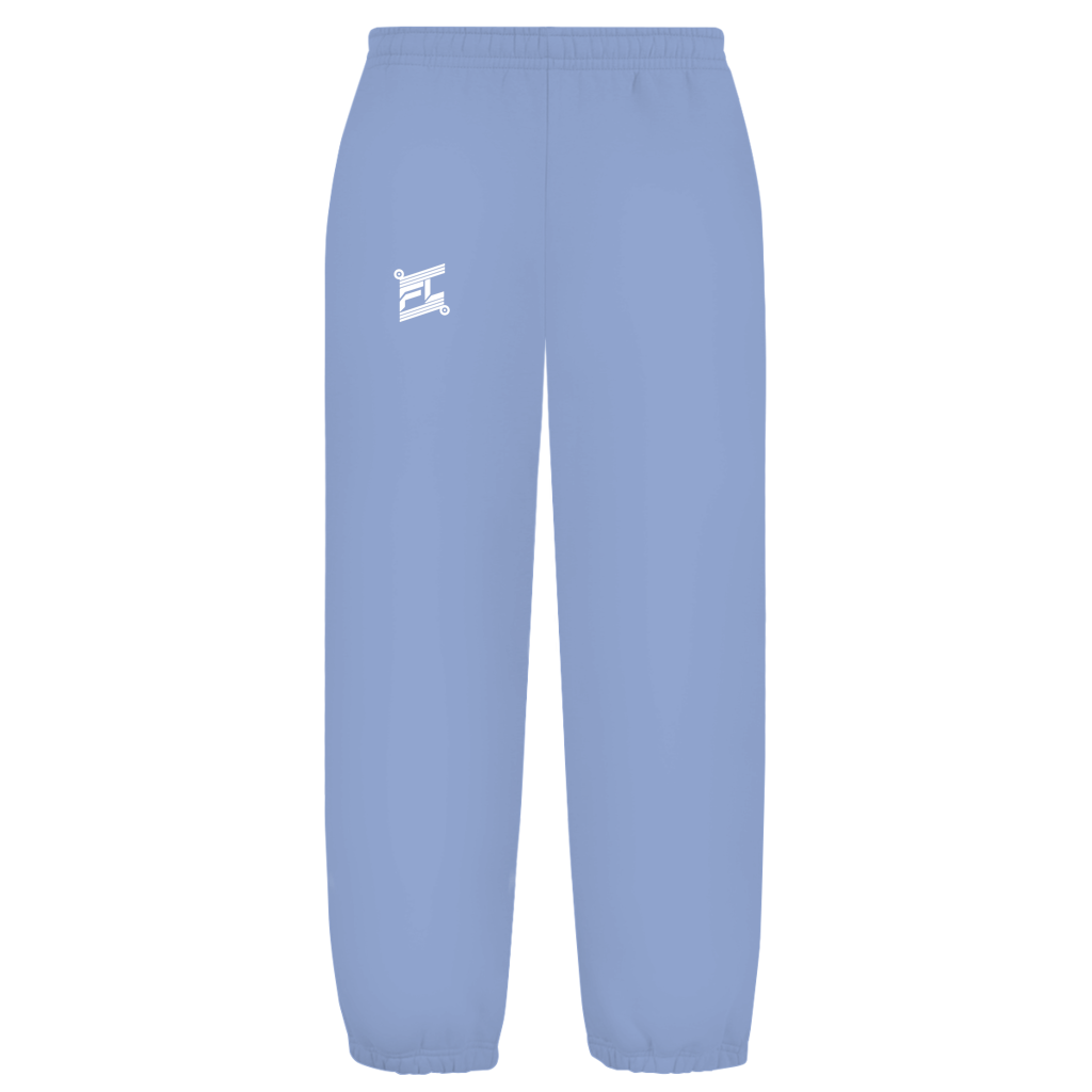 Face avant d'un pantalon fluffy de couleur bleu avec logo FL blanc