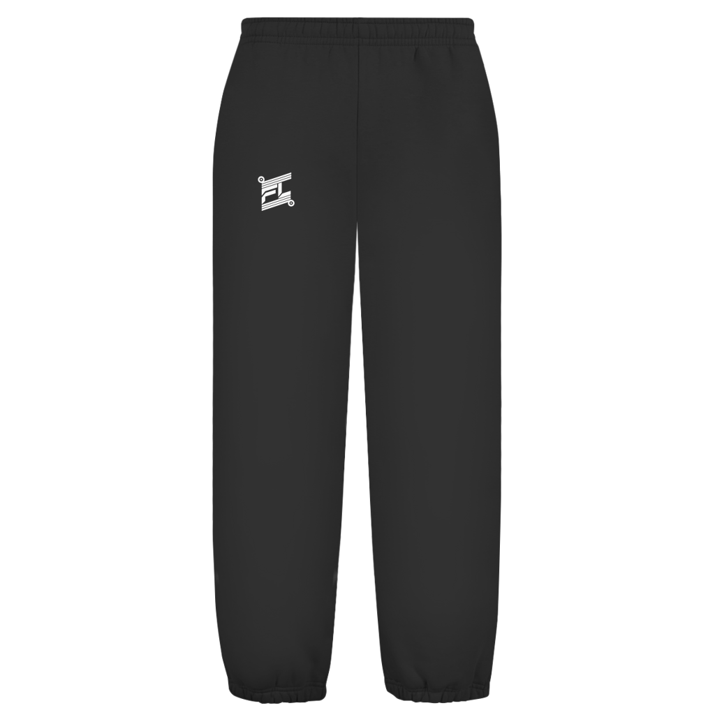 Face avant d'un pantalon fluffy de couleur noir avec logo FL blanc