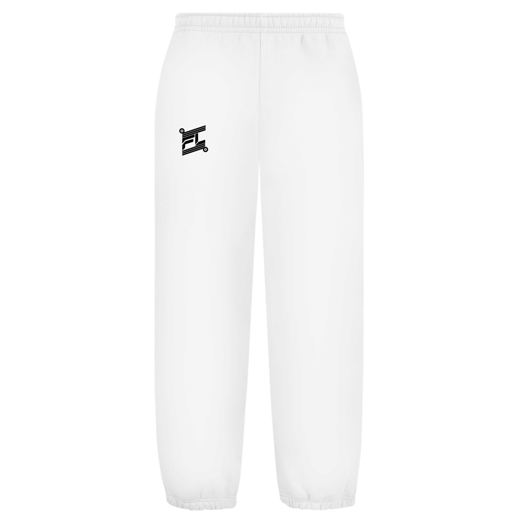 Pantalon oversize fluffy blanc logo FL noir floqué sur la jambe droite