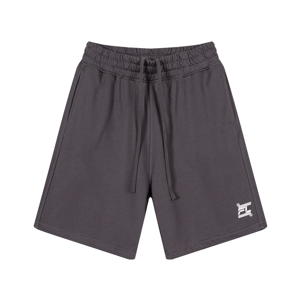 Short lifestyle gris anthracite FL-FIT, coupe classique polyvalente pour le quotidien et le fitness, avec logo blanc et cordon de serrage.