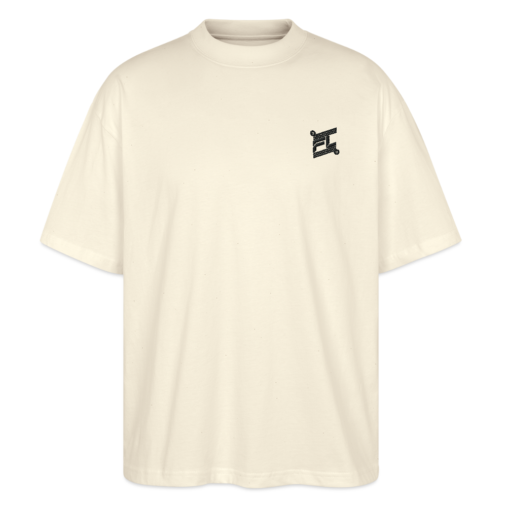 face avant d'un t-shirt unisexe oversize couleur beige de la marque FL-FIT avec le logo noir brodé pour un look décontracté 