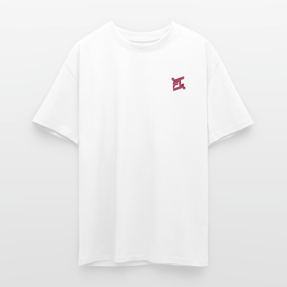 face avant d'un t-shirt unisexe oversize couleur blanc de la marque FL-FIT avec le logo rouge brodé pour un look décontracté 