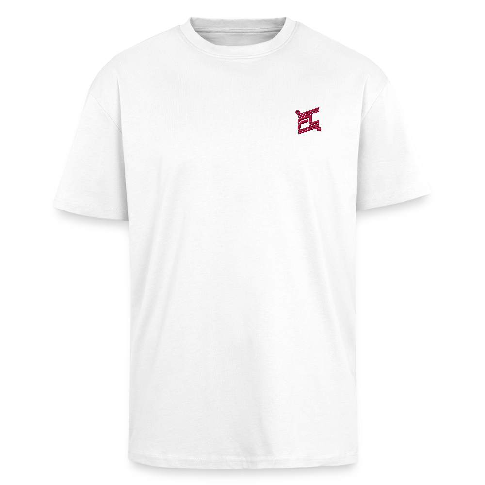 face avant d'un t-shirt unisexe oversize couleur blanc de la marque FL-FIT avec le logo rouge brodé pour un look décontracté 