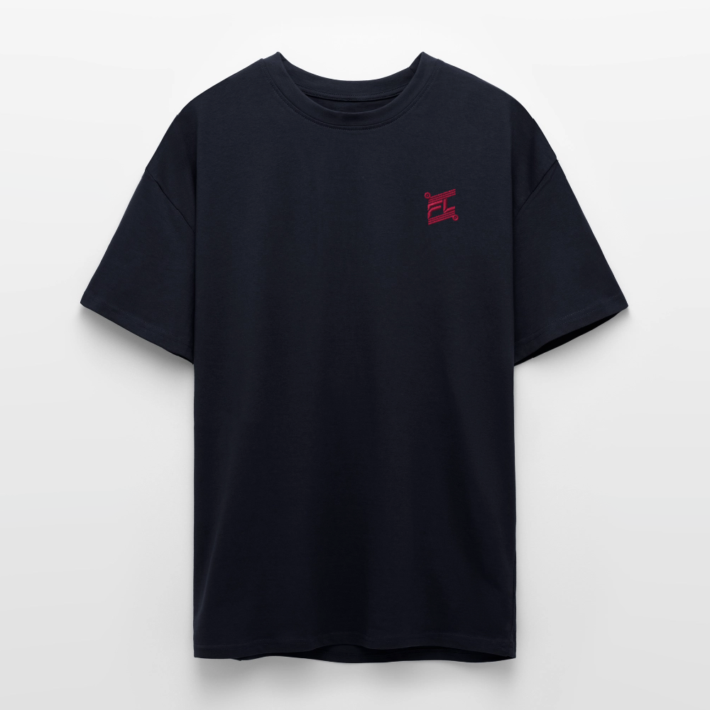 face avant d'un t-shirt unisexe oversize couleur marine de la marque FL-FIT avec le logo rouge brodé pour un look décontracté 