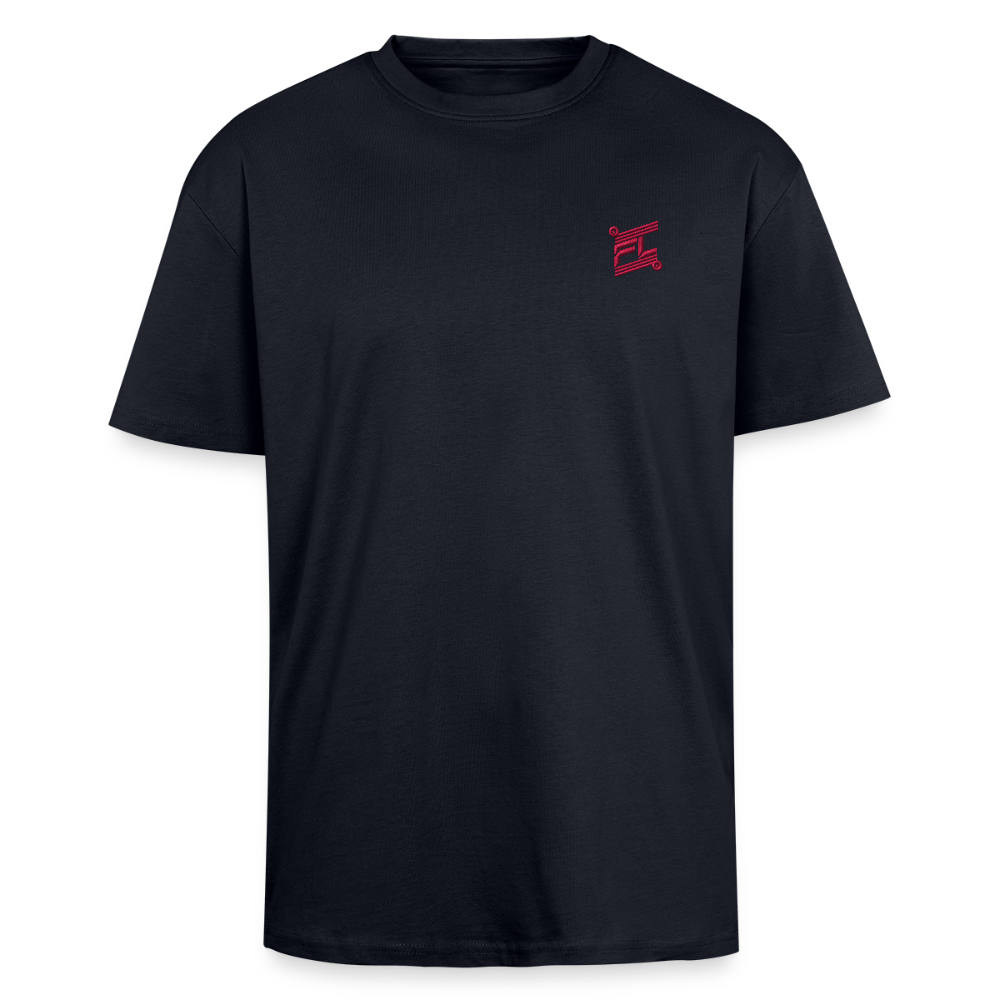 face avant d'un t-shirt unisexe oversize couleur bleu marine de la marque FL-FIT avec le logo rouge brodé pour un look décontracté 