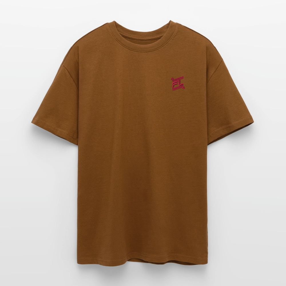face avant d'un t-shirt unisexe oversize couleur caramel de la marque FL-FIT avec le logo rouge brodé pour un look décontracté 