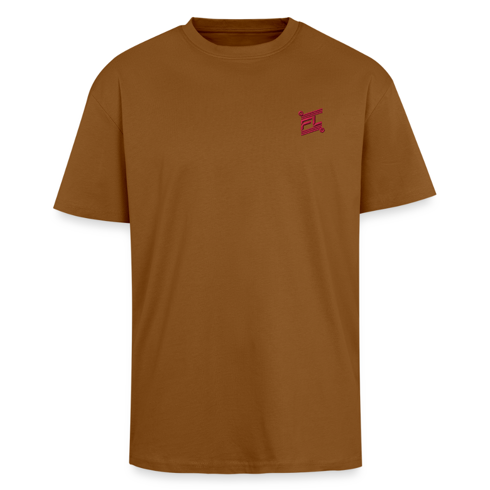 face avant d'un t-shirt unisexe oversize couleur caramel de la marque FL-FIT avec le logo rouge brodé pour un look décontracté 