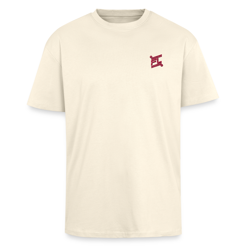 face avant d'un t-shirt unisexe oversize couleur crème de la marque FL-FIT avec le logo rouge brodé pour un look décontracté 