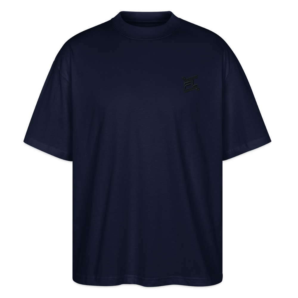 face avant d'un t-shirt unisexe oversize couleur bleu marine de la marque FL-FIT avec le logo noir brodé pour un look décontracté 