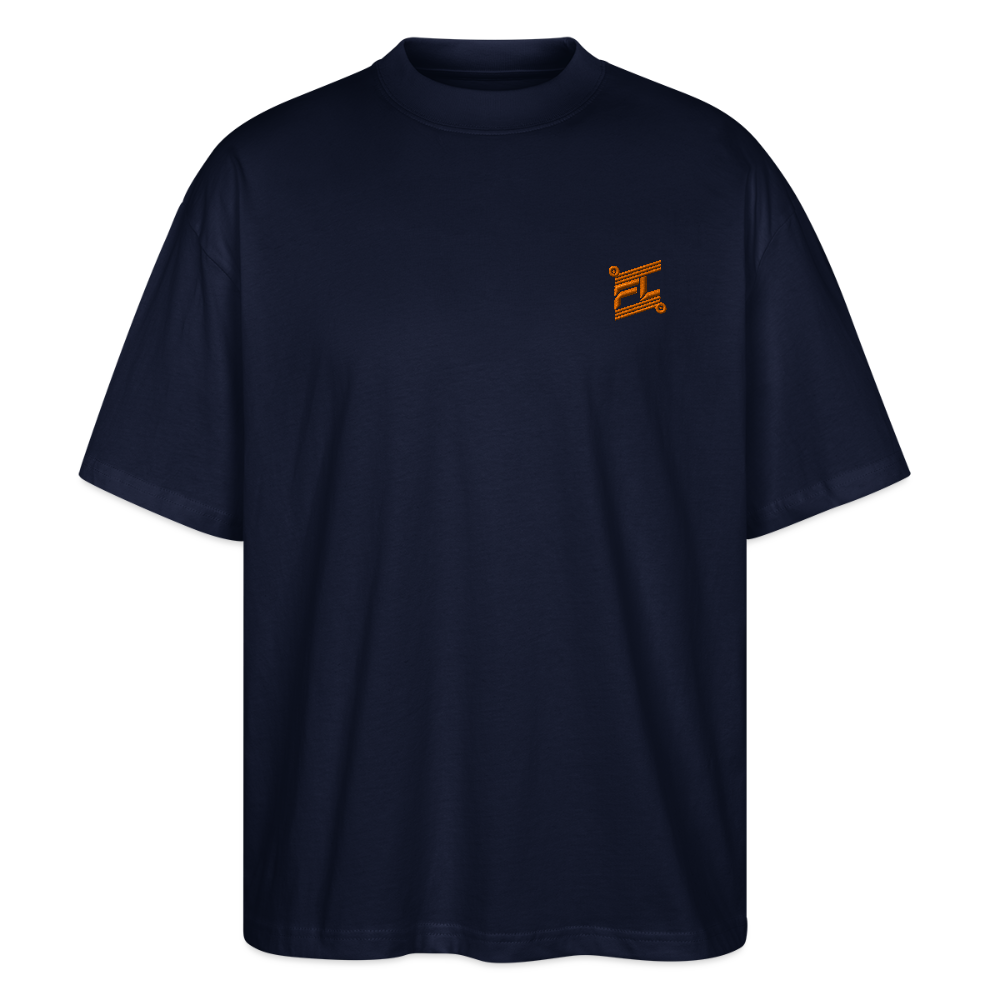 Face avant d'un t-shirt oversize couleur marine avec le logo orange brodé pour un look décontracté  
