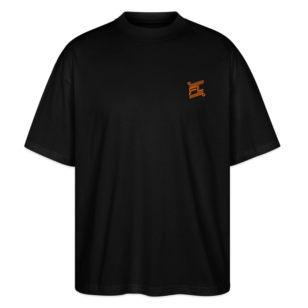 Face avant d'un t-shirt oversize couleur noir avec le logo orange brodé pour un look décontracté  