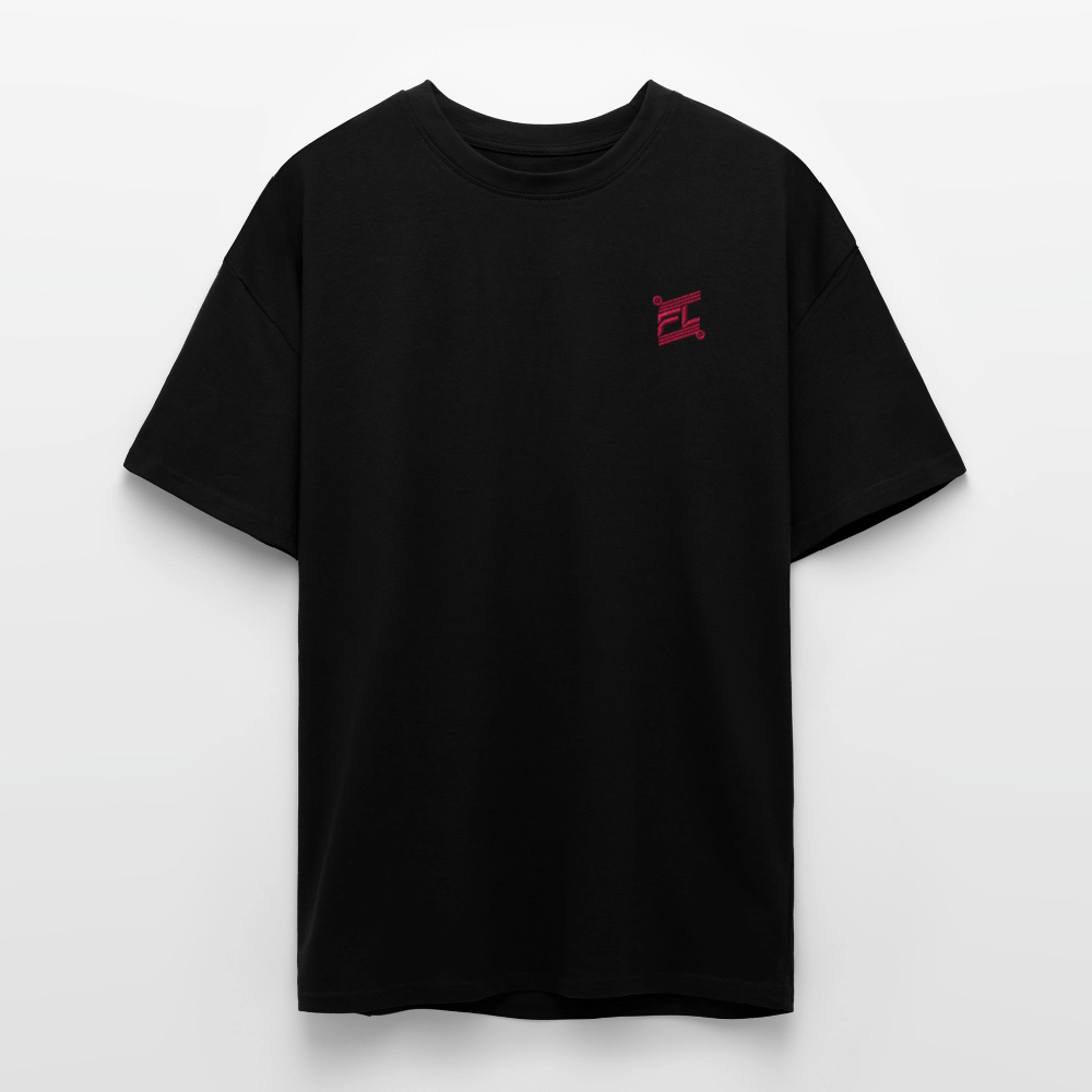 face avant d'un t-shirt unisexe oversize couleur noir de la marque FL-FIT avec le logo rouge brodé pour un look décontracté 
