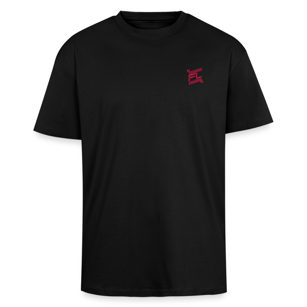 face avant d'un t-shirt unisexe oversize couleur noir de la marque FL-FIT avec le logo rouge brodé pour un look décontracté 
