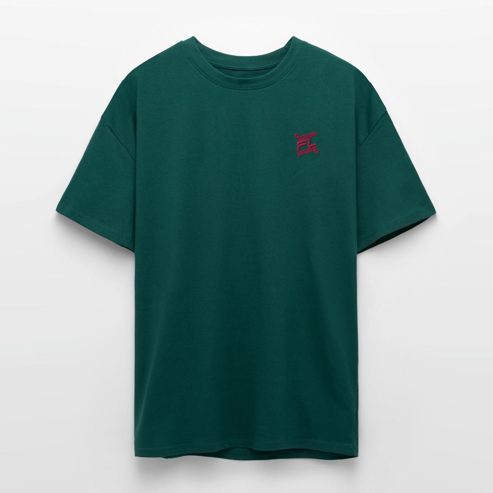 face avant d'un t-shirt unisexe oversize couleur vert foret de la marque FL-FIT avec le logo rouge brodé pour un look décontracté 