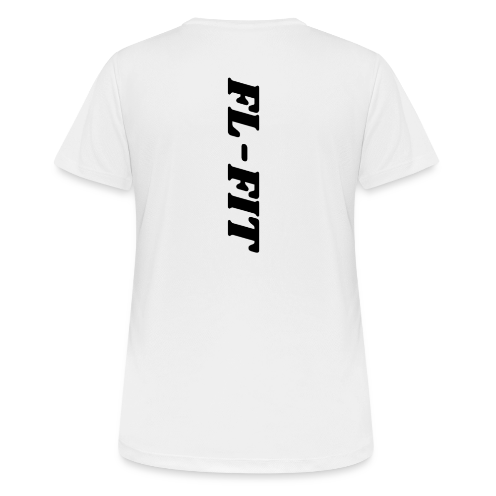 Dos d'un t-shirt couleur blanc avec noté FL-FIT en noir