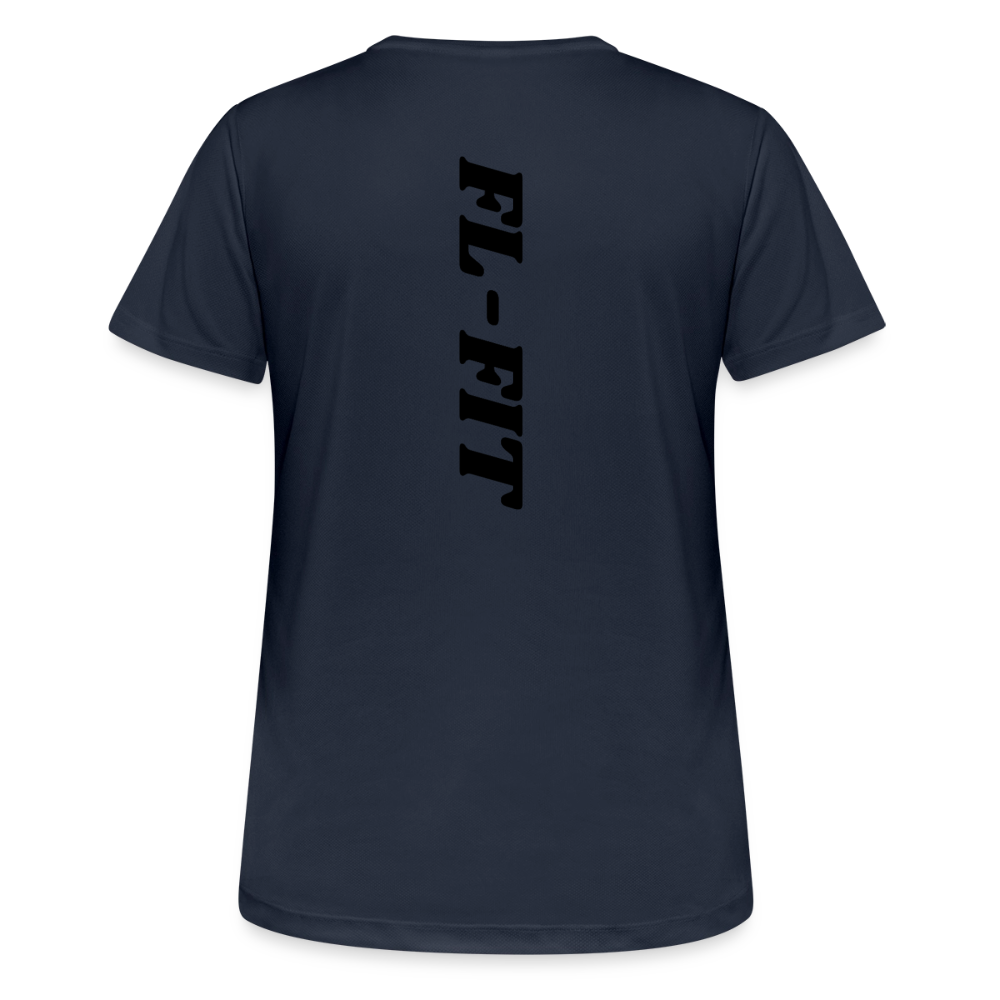 Dos d'un t-shirt couleur bleu fonce avec noté FL-FIT en noir