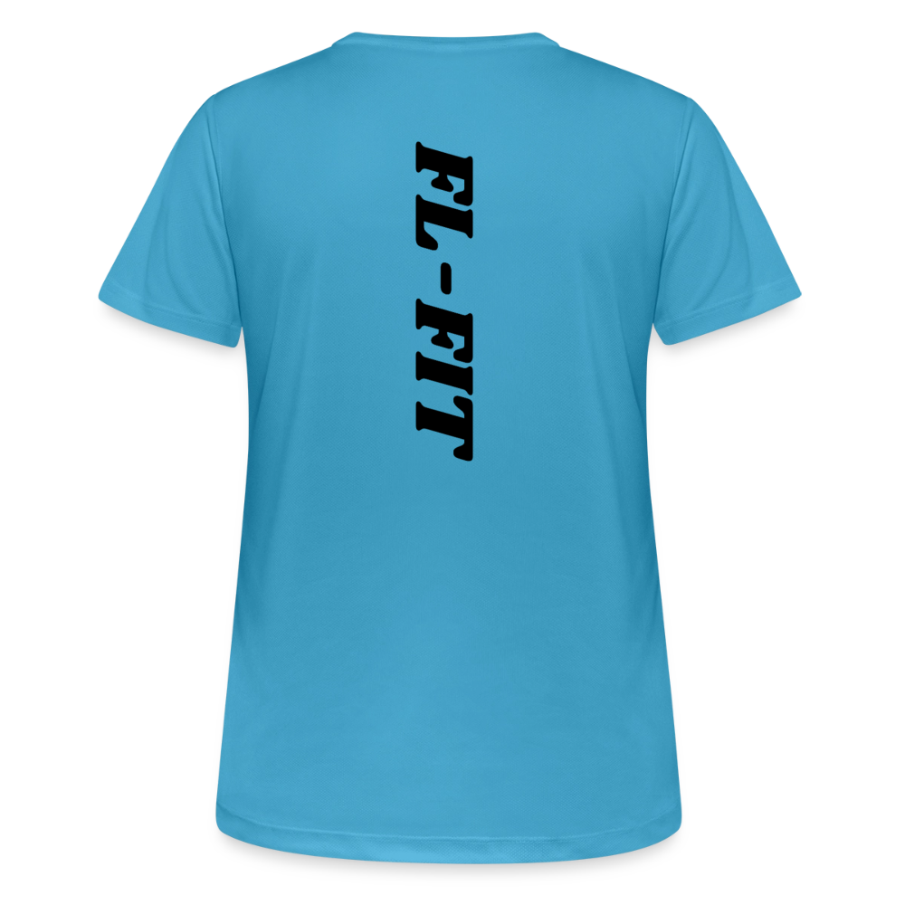 Dos d'un t-shirt couleur bleu -saphir avec noté FL-FIT en noir
