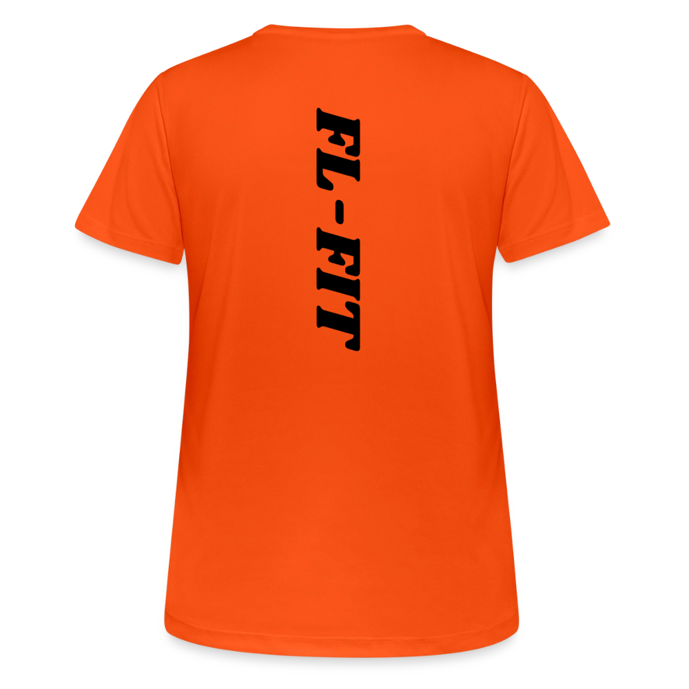 Dos d'un t-shirt couleur orange avec noté FL-FIT en noir