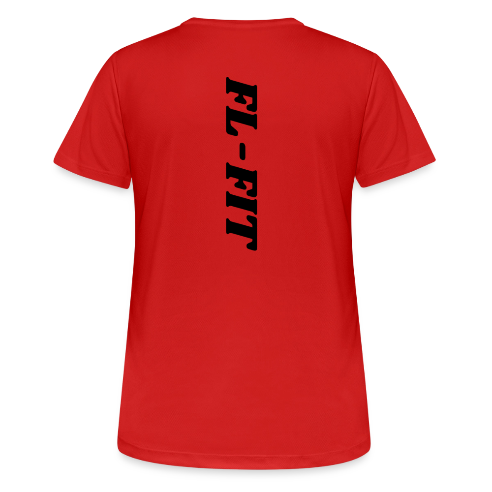 Dos d'un t-shirt couleur rouge avec noté FL-FIT en noir