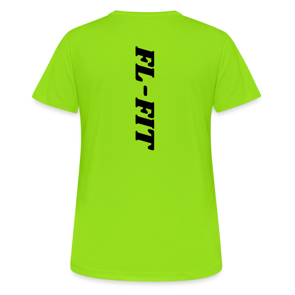 Dos d'un t-shirt couleur vert néon avec noté FL-FIT en noir