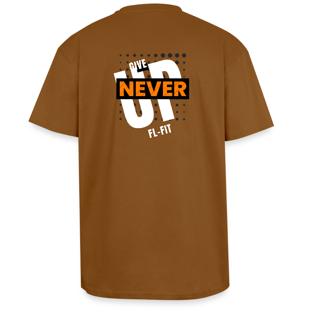 Dos d'un T-shirt ICONIC oversize epais - caramel léger avec noté never give up FL-FIT 