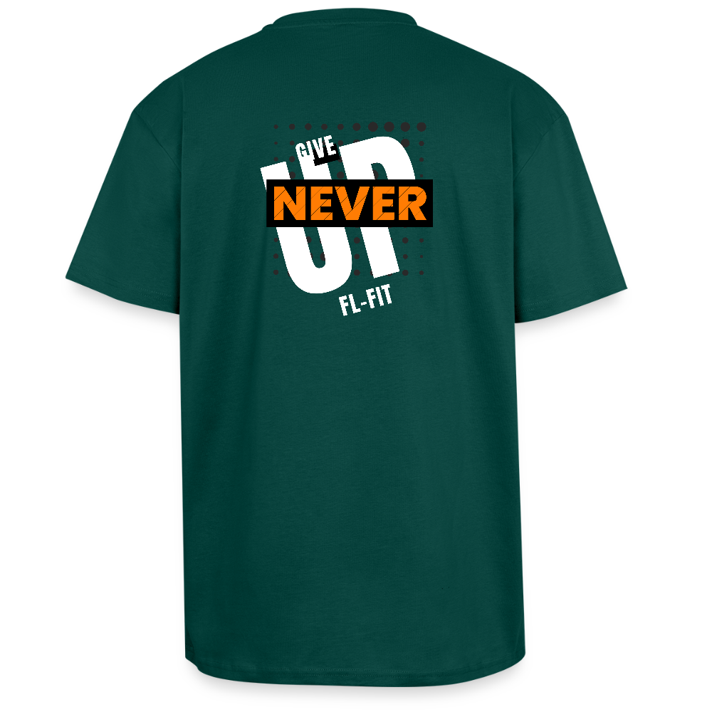 Dos d'un T-shirt ICONIC oversize epais - vert foret léger avec noté never give up FL-FIT 
