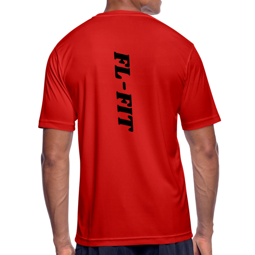 Homme de dos avec un t-shirt sport respirant rouge avec noté FL-FIT en noir