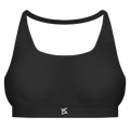 Face avant d'une Brassière gainant Noir FL-FIT avec logo FL devant de couleur blanc pour femme fitness
