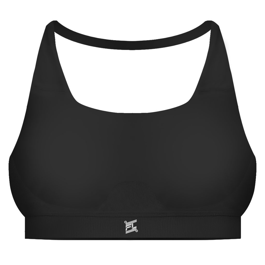 Face avant d'une Brassière gainant Noir FL-FIT avec logo FL devant de couleur blanc pour femme fitness