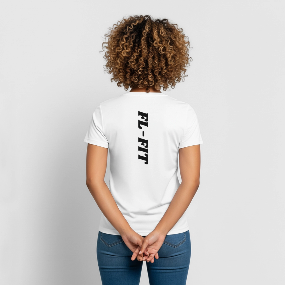 Dos d'un t-shirt couleur blanc avec noté FL-FIT en noir