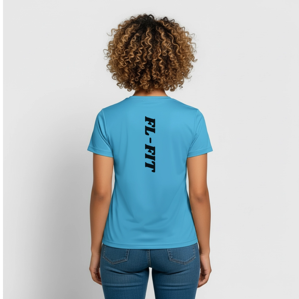 Dos d'un t-shirt couleur bleu avec noté FL-FIT en noir