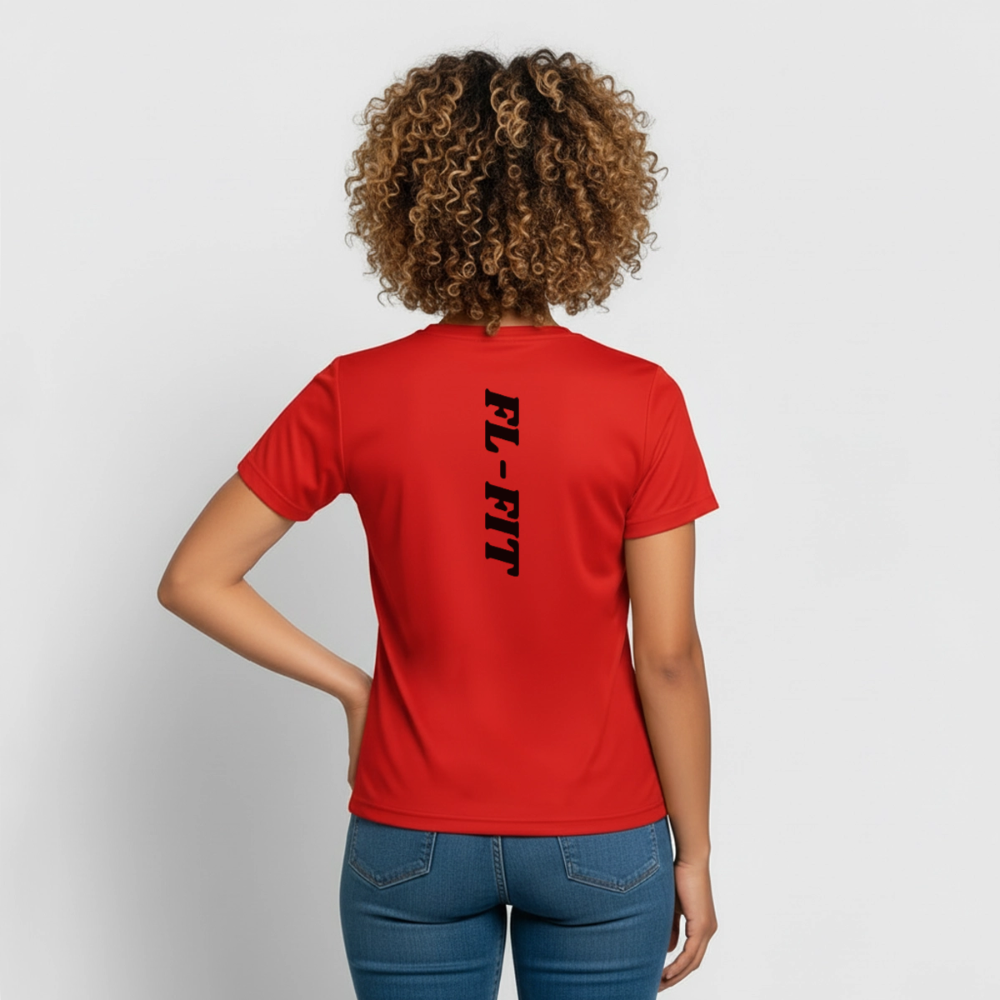 Dos d'une femme portant un t-shirt respirant couleur rouge avec noté dans le dos FL-FIT en noir
