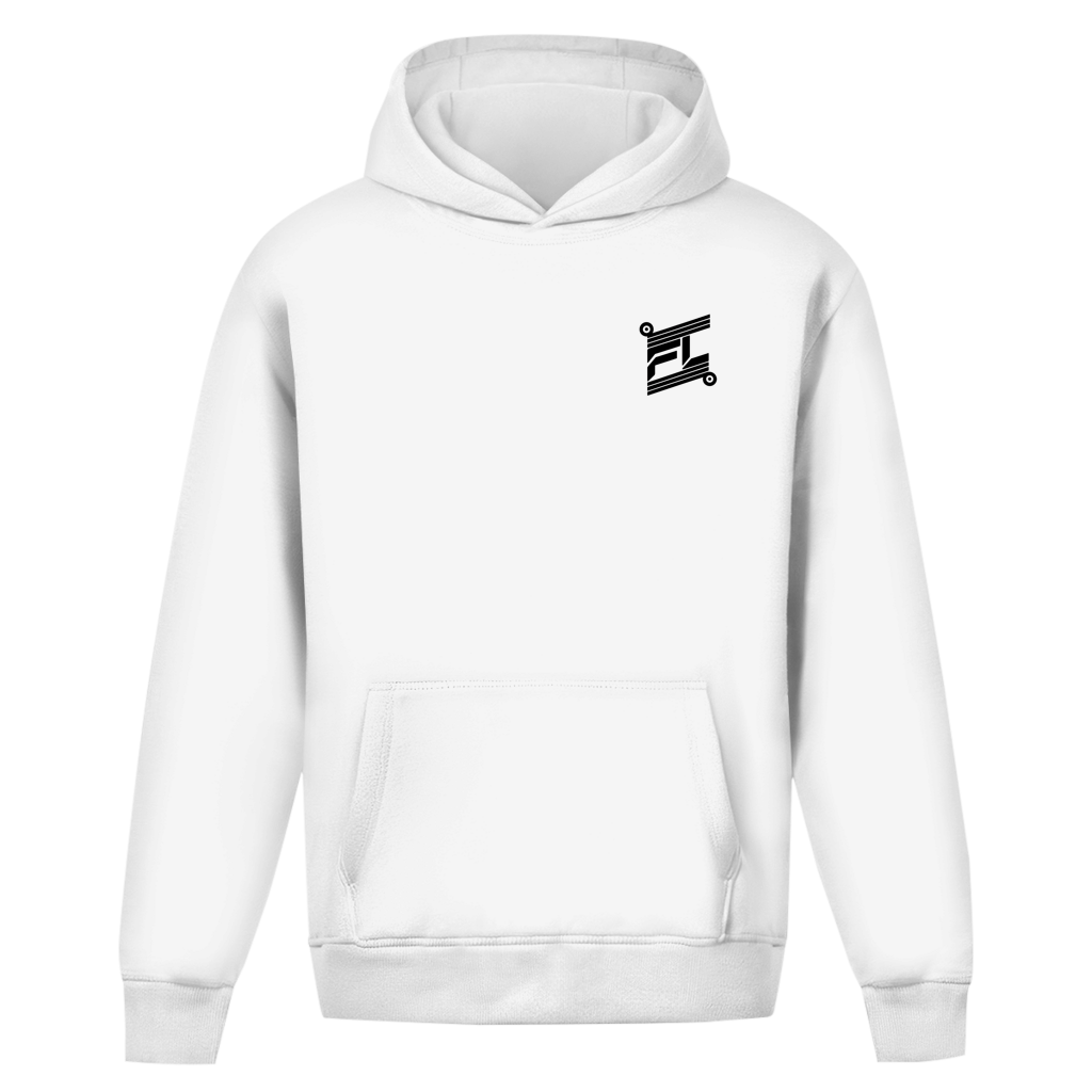 hoodie oversize fluffy blanc de la marque FL-FIT avec logo FL noir 