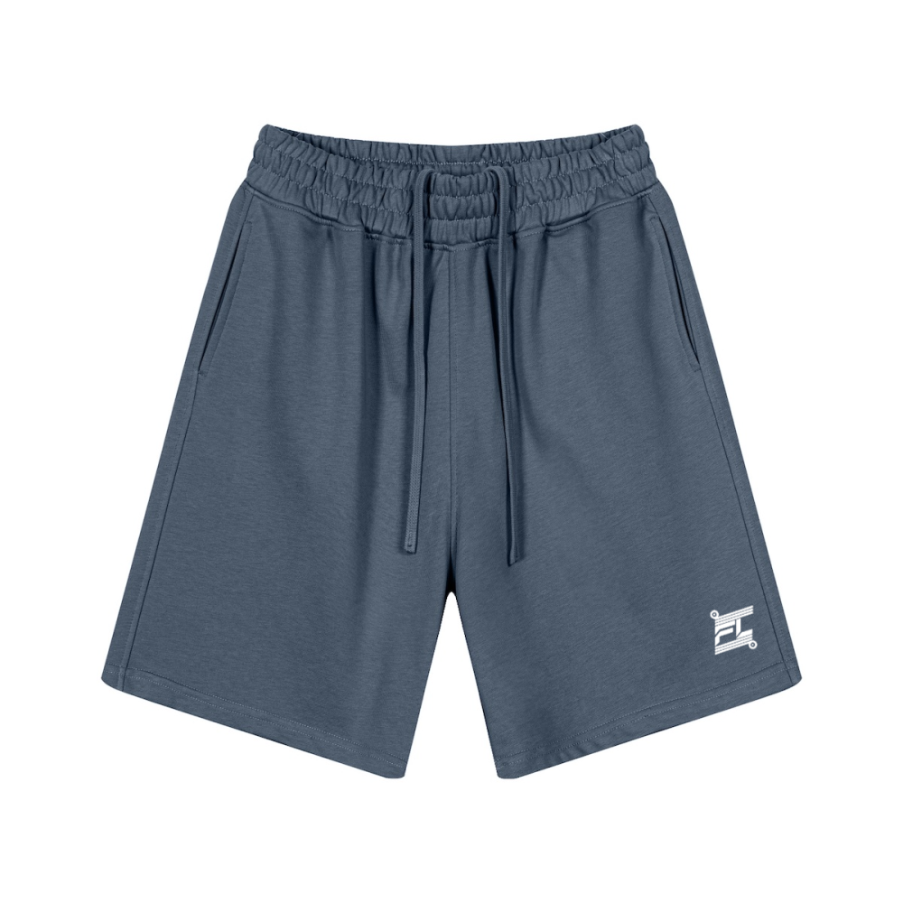 Short de détente bleu anthracite en coton, coupe ample, cordon de serrage et logo blanc FL sur le bas