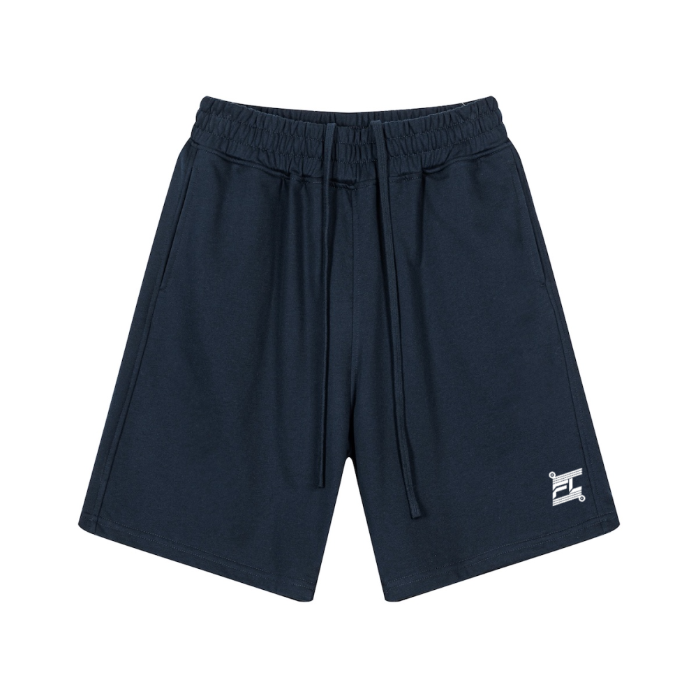 Short de sport large bleu marine avec taille élastique, longs cordons et logo FL