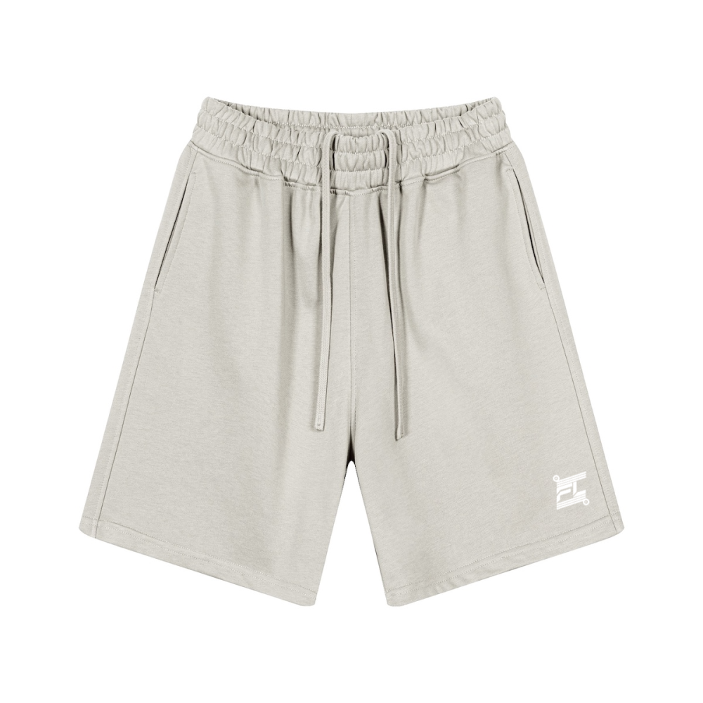 Short lifestyle gris clair FL-FIT, vêtement polyvalent pour le quotidien et le sport, coupe classique avec poches et logo blanc.